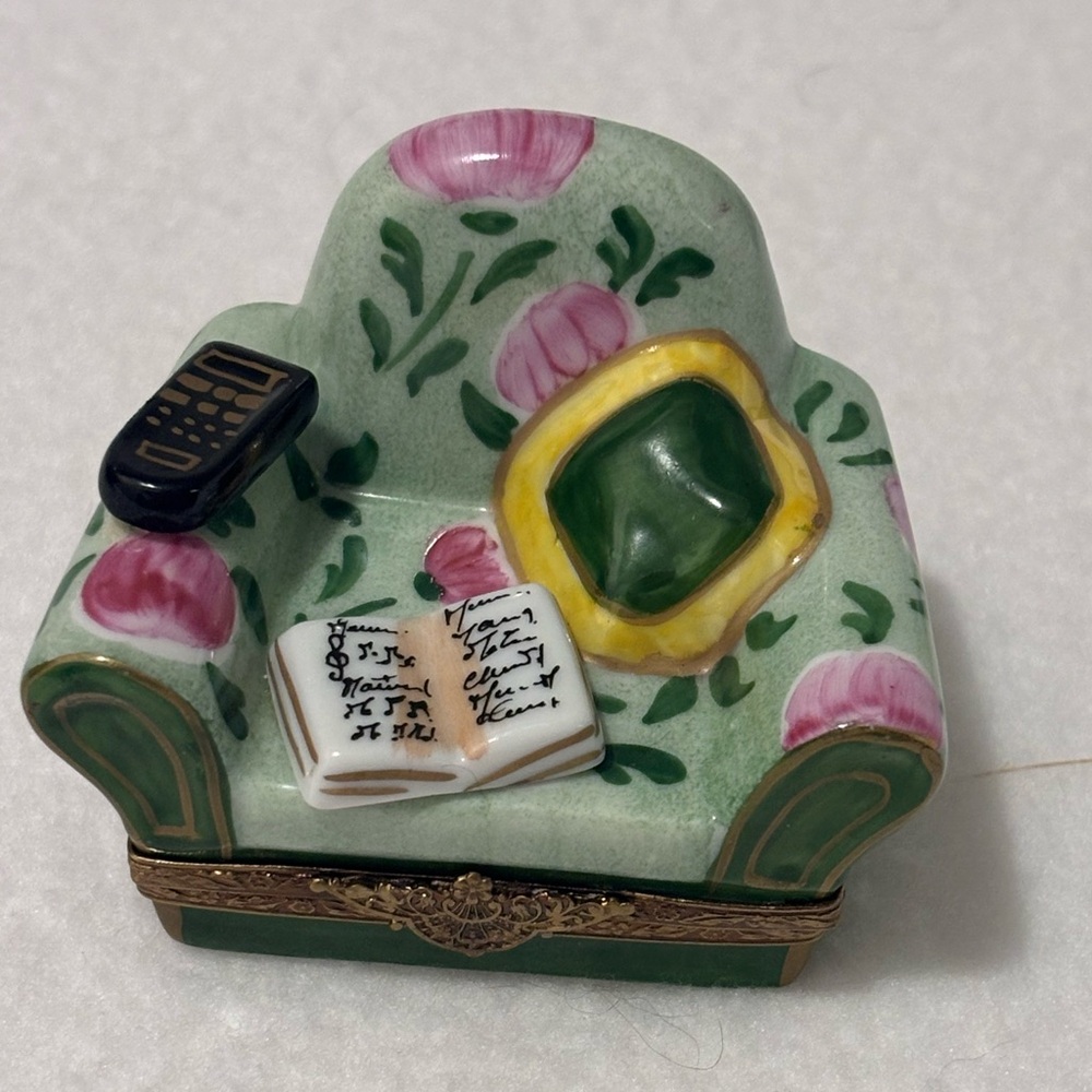 Limoges Hand Painted Porcelain Box,Overstuffed Floral Chair with Remote and Book